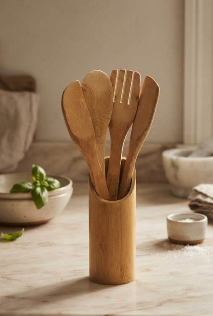 Kit utensílios 5 peças bambu